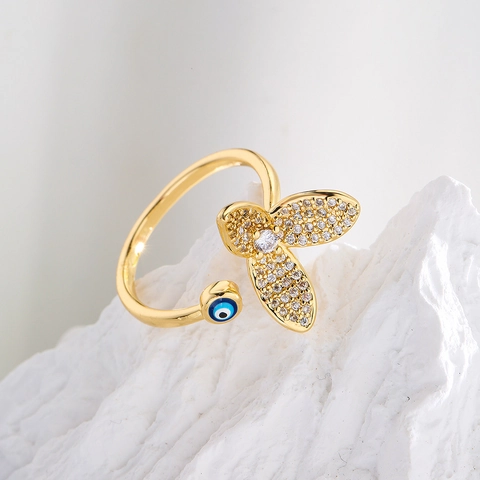 Evil Eye Schmetterling Verstellbarer Offener Ring Kupfer Vergoldet Zirkonia Emaille Schmuck Für Damen