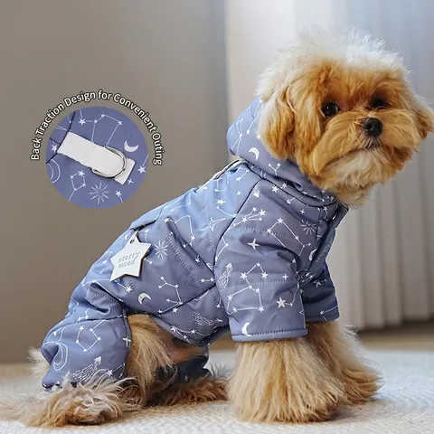 Hunde Jumpsuit Winter Warm Wattiert Vierbeiner Kapuze Winddicht Sternenhimmel Sternbild Druck Mit Leine D-Ring Für Kleine Hunde