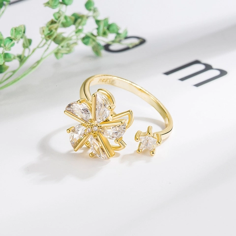 Anello Mulino a Vento in Zirconia Rotante per Donna Rame Galvanizzato Anello Aperto Regolabile Gioielli alla Moda di Personalità