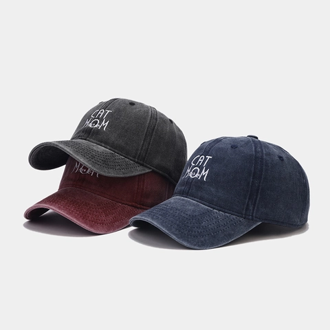 Washed Cotton Baseball Cap Vintage Distressed Cat Mom Embroidery Hat Adjustable Curved Brim Casual Outdoor For Women