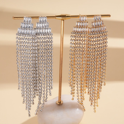 Geometrische Dreieck Lange Quaste Tropfen Ohrringe Mit Silver Earring Post Kupfer Zirkon Strass Schmuck Für Frauen