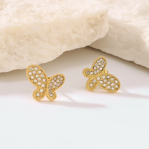Ins Stijl Vlinder Asymmetrische Oorknopjes Voor Vrouwen Roestvrij Staal 18K Verguld Micro Set Met Strass Elegante Sieraden