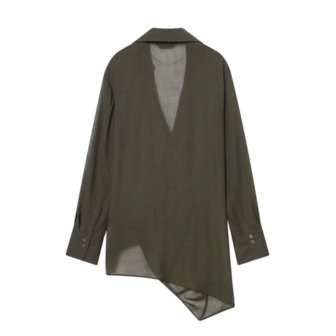 Women Asymmetric Wrap Blouse Long Sleeve V Neck Buttoned Casual Loose Top Solid Color Polyester