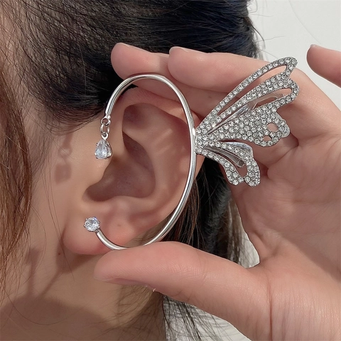 Elegant Copper Butterfly Wing Feather Ear Hook Cuff Earrings Full Rhinestone No Piercing Fairy Ear Wrap Jewelry For Women