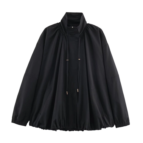 Damen Geraffter Stehkragen Jacke Baumwoll-Nylon-Mischung Oversized Poncho-Stil Kordelzug Winddicht Lässig Langarm Top