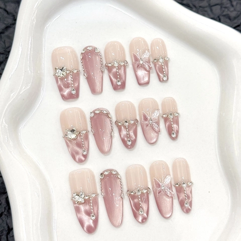 Uñas Postizas Hechas A Mano Rosa Cat Eye Con Adornos De Mariposa 3D Diamantes De Imitación Coffin Largas
