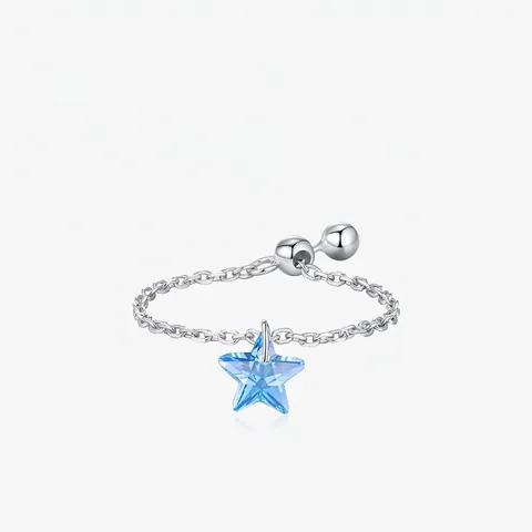 925 Sterling Silver Adjustable Soft Chain Ring With Blue Star Pendant Sliding Bead Korean Style Jewelry Gift For Women