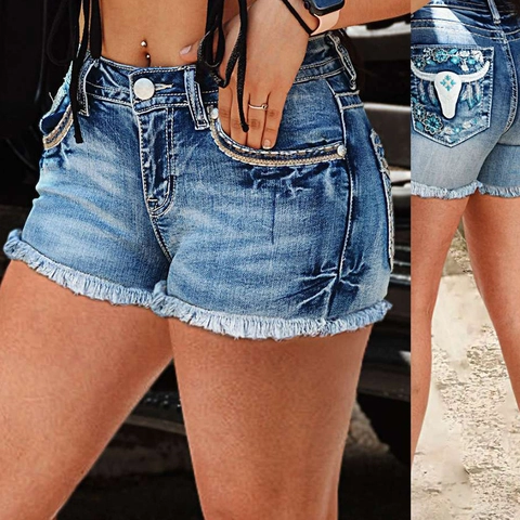 Dames Denim Shorts Vintage Stierkop Borduurwerk Distressed Gerafelde Zoom Hoge Taille Sexy Bohemien Zomer Hotpants