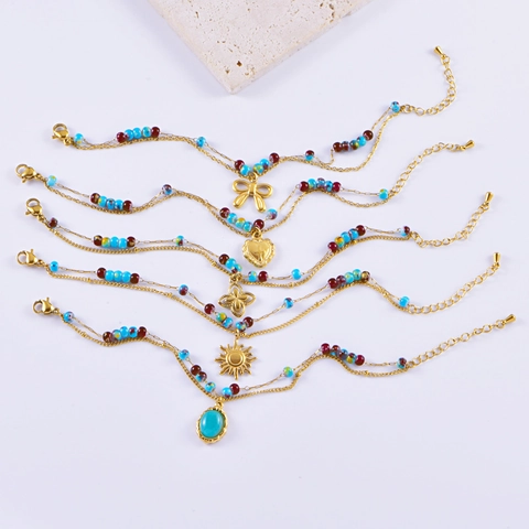 Braccialetto di Perline in Acciaio Inossidabile Vintage Francese per Donna Bracciale Doppio Strato Boemo Ciondolo Cuore Fiocco Sole