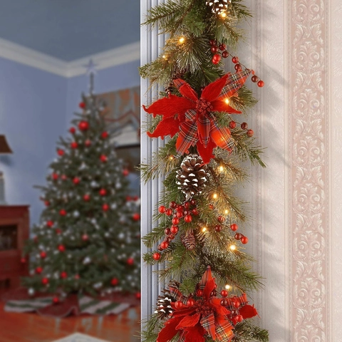 Guirnalda De Navidad LED Con Flores De Nochebuena Piñas Bayas Rojas Luces Blanco Cálido Decoración Festiva Para Hogar