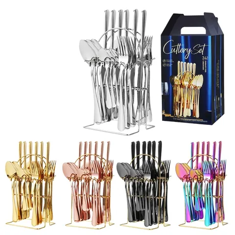 Stainless Steel Flatware Including Knife Fork Spoon With Metal Storage Rack Mirror Polished Nordic Style Tableware