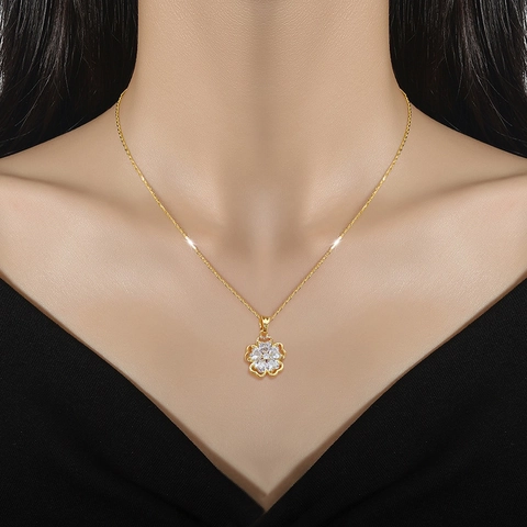 Flower Necklace And Earrings Zircon Copper Gold Plated Titanium Steel Chain Silver Earring Post Elegant Jewelry Women