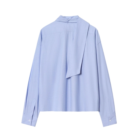Women Long Sleeve Blouse Sky Blue Bow Tie Neck Button Down Solid Color Polyester Elegant Shirts For Ladies
