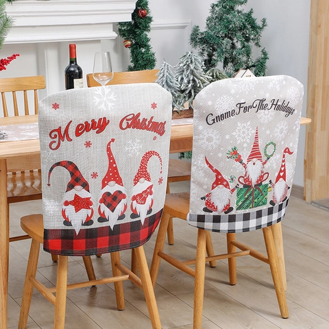 Christmas Chair Covers Linen Gnome Dining Room Decor Plaid Border Merry Christmas Print Grey Red Festive Holiday