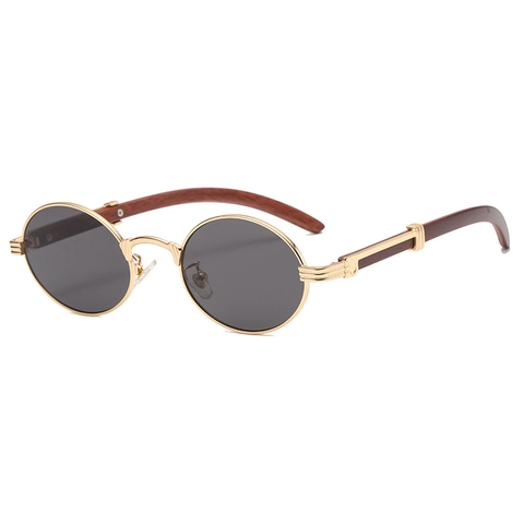Retro Oval Sunglasses With Metal Frame And Wood Grain Temples UV400 Protection Vintage Eyewear