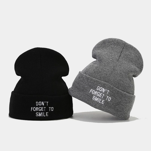Knitted Beanie Hat Acrylic Ribbed Cuffed Winter Warm Streetwear Fashion Letter Embroidery Don't Forget To Smile Unisex