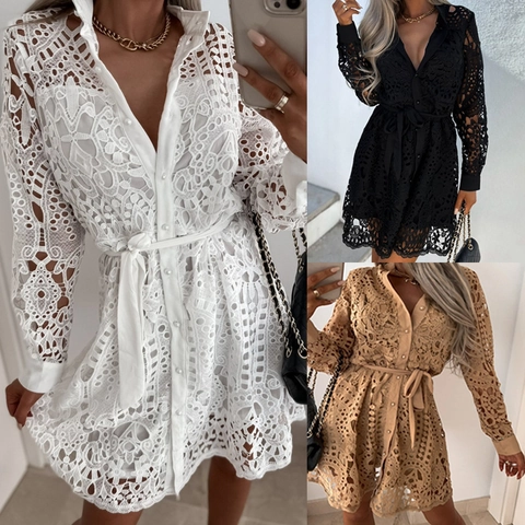 Vestido Mini De Encaje Calado Para Mujer Manga Larga Con Cinturón Abotonado Elegante Color Sólido De Moda