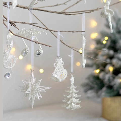 Glitter Christmas Tree Hanging Ornaments Plastic Sparkling Angel Ballerina Star Bell Musical Note Decor Silver White