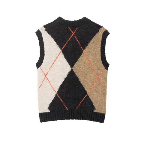 Dames Retro Argyle Gebreide Sweater Vest V-Hals Mouwloos Colorblock Preppy Britse Stijl Acryl Gebreide Top