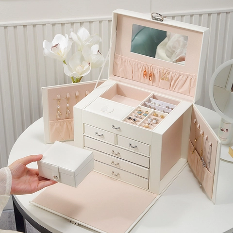 Große Kapazität Mehrlagige PU Leder Schmuckkästchen Tragbare Schmuck-Organizer Box Mit Spiegel Und Schloss Für Ringe Halsketten Ohrringe
