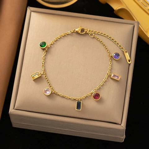 Collana con Nappina in Strass Multicolore in Acciaio al Titanio Moda Placcata Oro con Intarsio di Pietre Preziose Colorate