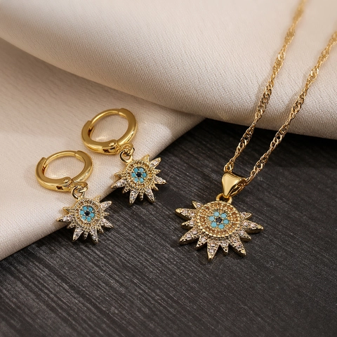 Evil Eye Sonne Schmuck Halskette Ohrringe Kupfer Vergoldet Zirkon Anhänger Geometrische Boho Accessoires Für Damen