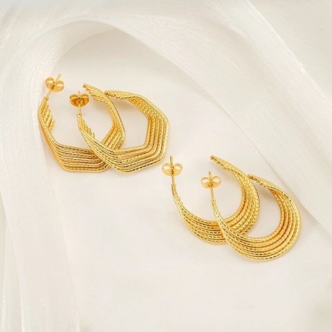 U-Shaped Geometric Layered Hoop Earrings 18K Gold Plated Stainless Steel Twisted Ripple Texture Minimalist Luxury Women