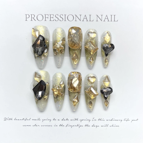 Handgemaakte Press On Nagels Lange Stiletto Vorm Glitter Gradiënt Met Rijnstenen Luxe Franse Stijl Voor Dames