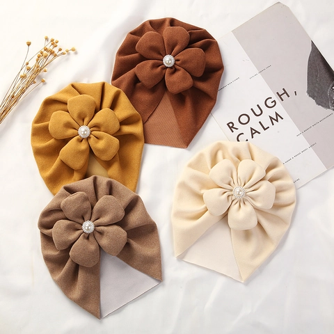 Baby Turban Hat Large Flower Artificial Pearl Faux Cashmere Beanie For Newborn Toddler Girls Warm Winter Indian Style Cap