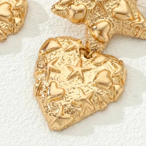 Vintage Gold Zinklegierung Herz Stern Ohrhänger Für Damen Übertriebener Plissierter Strukturierter Schmuck Mit Edelstahlstift
