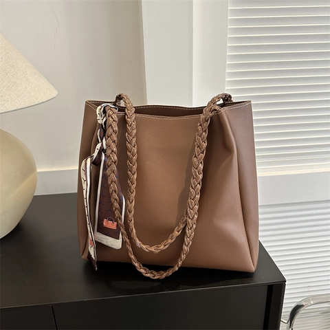 Borsa Tote In Pelle PU Grande Capacità Con Manici Intrecciati E Sciarpa Decorativa Borsa A Spalla Retro Ufficio Donna