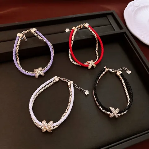 Pulsera De Doble Capa De Cuero Trenzado Y Cadena De Metal Con Dije En X De Circonita Y Colgante De Corazón Ajustable