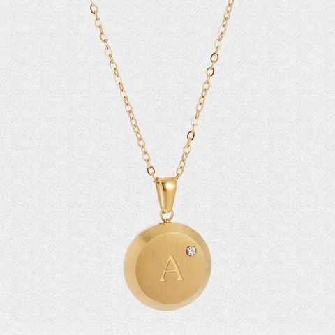 Collier Pendentif Rond Acier Inoxydable Lettre Initiale Avec Strass Mode Plqué Or 18K Bijoux Pour Femmes