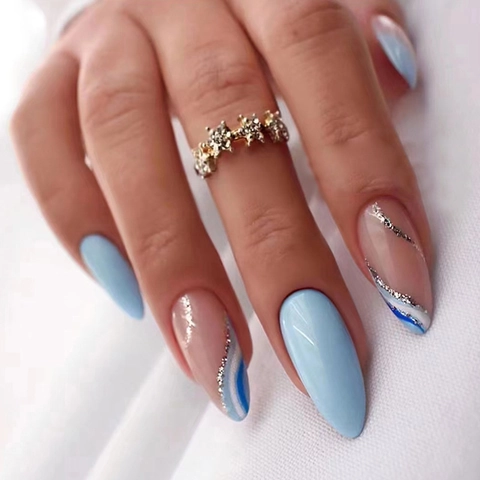Uñas Postizas French Blue Wave Forma De Almendra Brillante Color Block Elegantes Para Mujeres