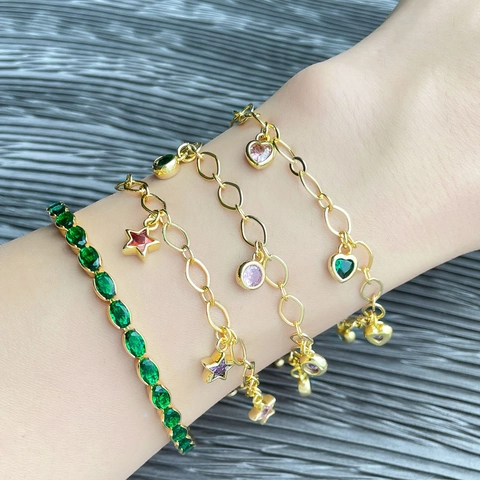 Colorful Zircon Charm Bracelet Gold Plated Copper Heart Star Round Oval Geometric Shapes Adjustable Hip Hop Women Fashion