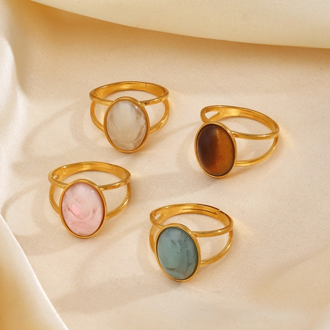 Oval Resin Stone Ring Stainless Steel Double Band Hollow Geometric Retro Fashion Jewelry For Women