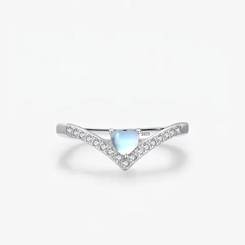 Anello In Argento Sterling 925 Pietra Di Luna Cuore Forma V Chevron Pavé Zircone Stile Coreano Gioielli Eleganti Per Donne