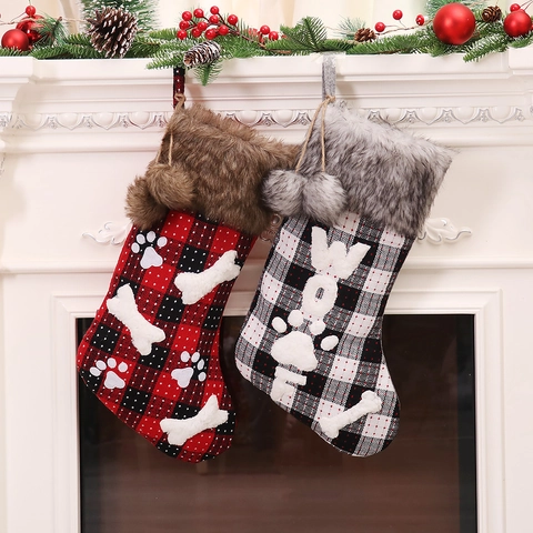 Buffalo Plaid Christmas Stocking Faux Fur Pet Dog Bone Paw Pattern Hanging Decorative Gift Bag Candy Pouch
