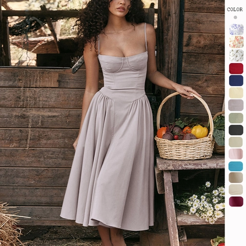 Franse Vintage Midi Jurk Spaghettibandjes Corset Lijfje Polyester A-Lijn Uitlopende Rok Zakken Retro Cottagecore Vrouwen