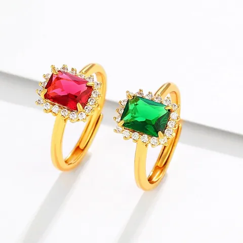 Anillo Abierto Lujoso de Aleación con Gema Artificial de Talla Esmeralda para Mujer Halo de Strass Ajustable Chapado en Oro