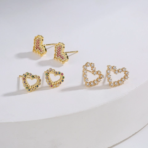 Heart Stud Earrings Copper 18K Gold Plated Zircon Pink White Rhinestone Elegant Fashion Sweet Jewelry For Women