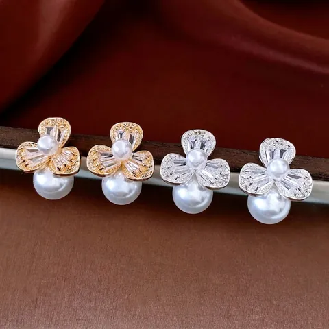 Flower Artificial Pearl Drop Earrings With Silver Earring Post Zircon Inlaid Copper French Style Elegant Jewelry For Women