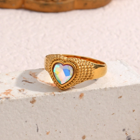 Herz Ring Edelstahl 18K Vergoldet Zirkonia Malachit Muschel Onyx Inlay Gedrehtes Geflochtenes Band Modeschmuck Für Frauen