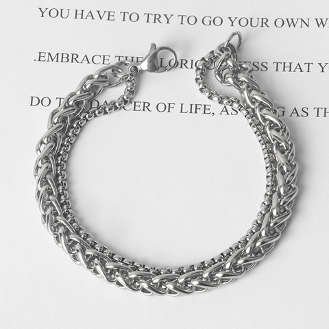 Layered Chain Bracelet Stainless Steel Wheat And Box Link Hip Hop Punk Style Jewelry For Men Women Silver Color