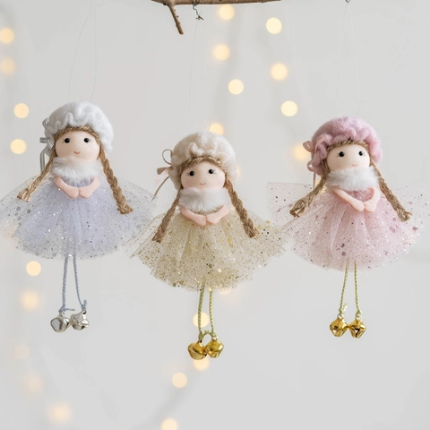 Bambola Angelo Di Natale Ornamento Appeso Gonna In Rete Con Paillettes E Campanelli In Metallo Decorazione Per Albero Peluche