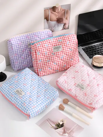 Gesteppte Gingham Schleife Kosmetiktasche Große Kapazität Kulturbeutel Tragbare Make Up Aufbewahrung Für Frauen Süße Ästhetik