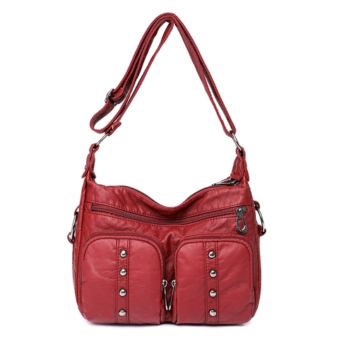 Borsa a Tracolla da Donna in Morbida Pelle PU alla Moda Grande Capacità Multi Tasca Rivetto Decor Vintage Borsa a Spalla