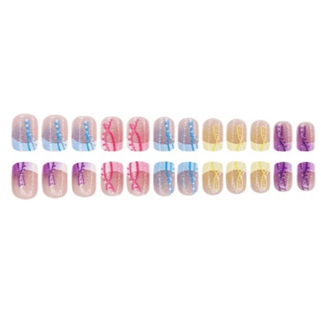 Press On Nails Short Square Fake Nail Tips Macaron Color Contrast Glitter Dot Pattern Colorful Full Cover Art