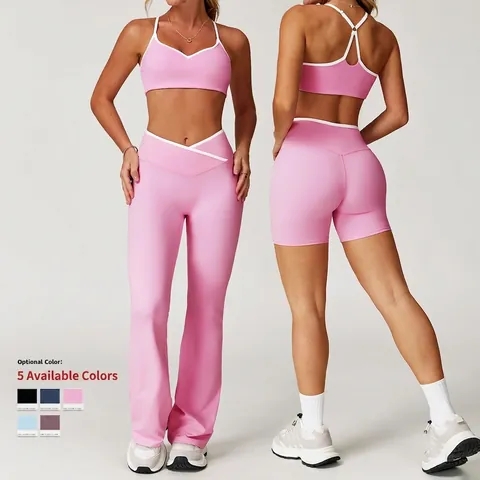 Damen Yoga Sport BH Und Leggings Shorts Schlaghose 9253 8843 Kreuzhohe Taille Kontrastbindung Fitness Fitnessstudio Kleidung Nylon Spandex
