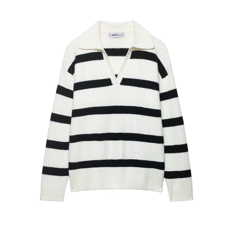 Maglione In Maglia Da Donna A Righe Bianche Nere Scollo A V POLO Manica Lunga Casual Chic Top